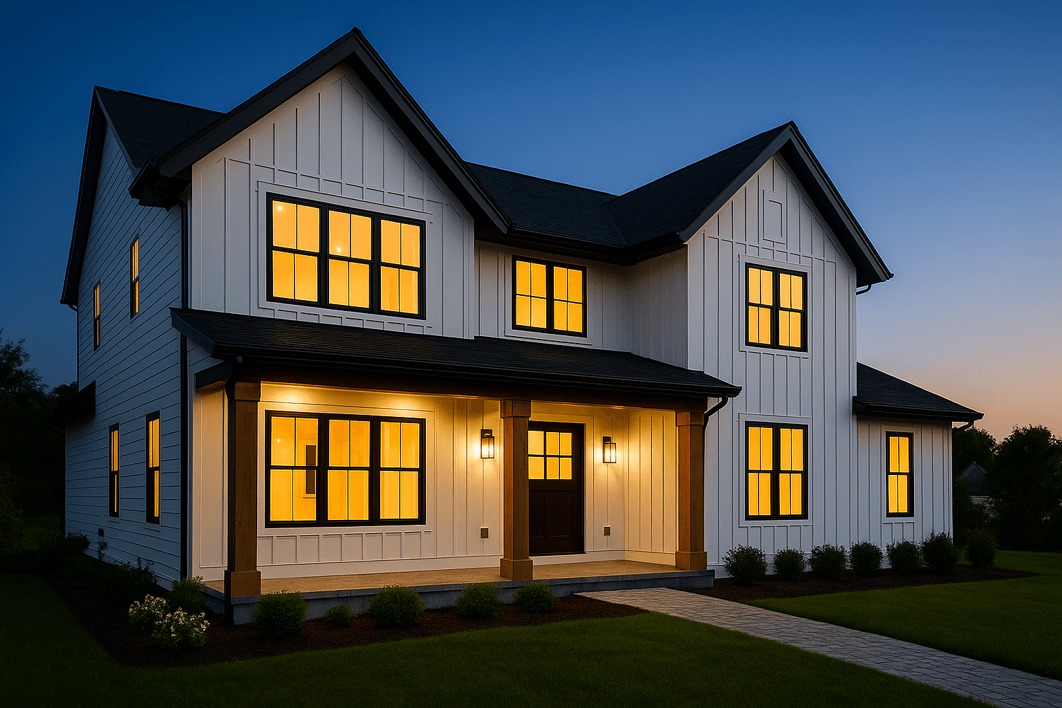 A board-and-batten home at dusk, warm window light glowing under a deep blue sky