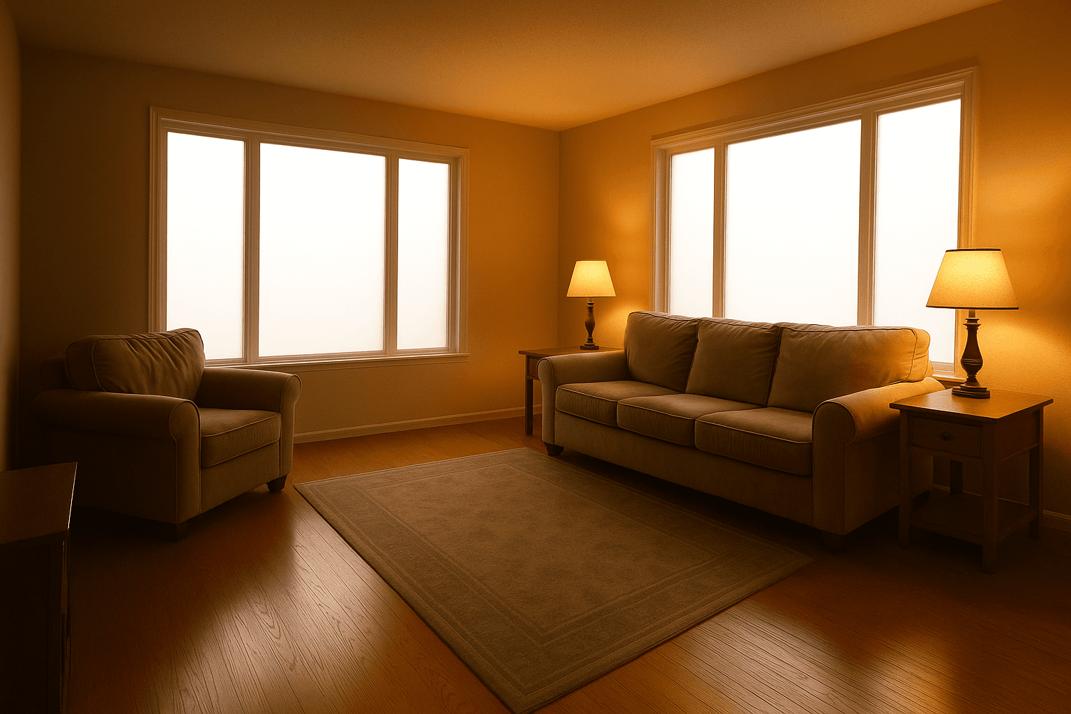 The living room as shot — dim and warm, the windows blown to white — adjusting live as the sliders move