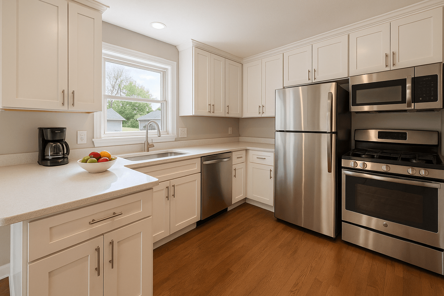 A bright kitchen with a coffee maker and fruit bowl on the counter — clean, but not yet photo-ready