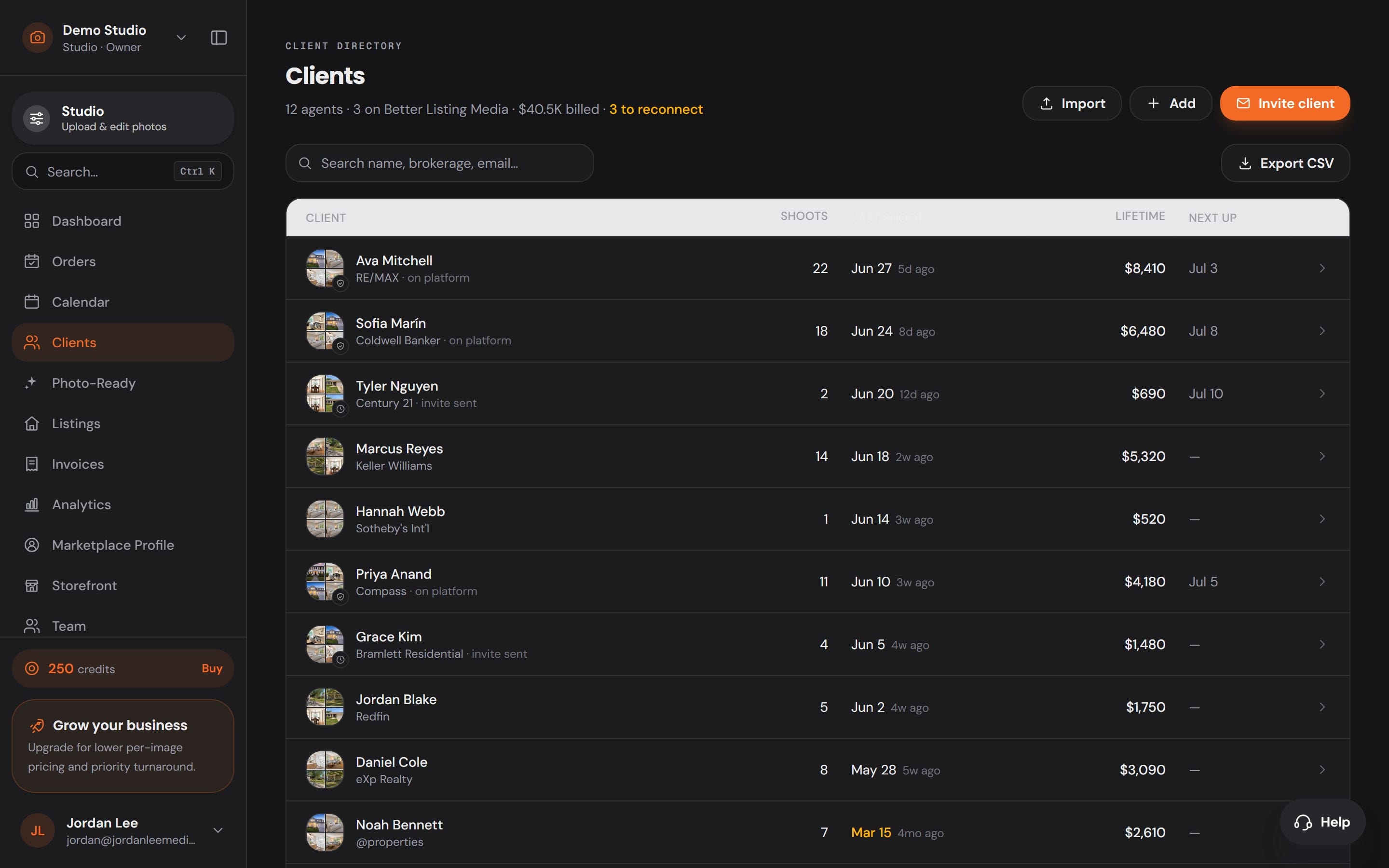 Clients in Workspace: agents with their shoots, listings and spend