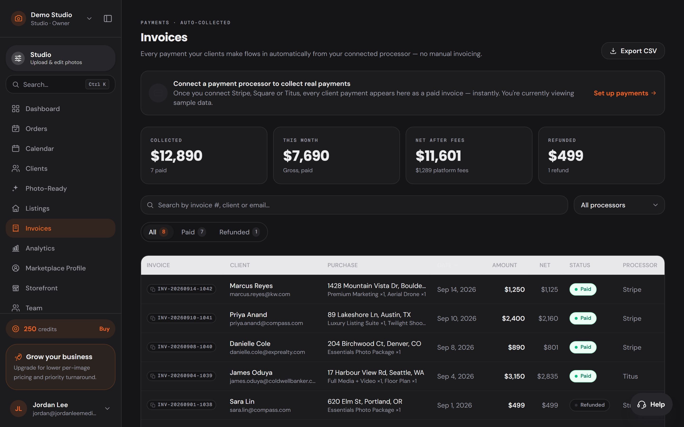 Invoices in Workspace: collected this month, net after fees and each client's payment