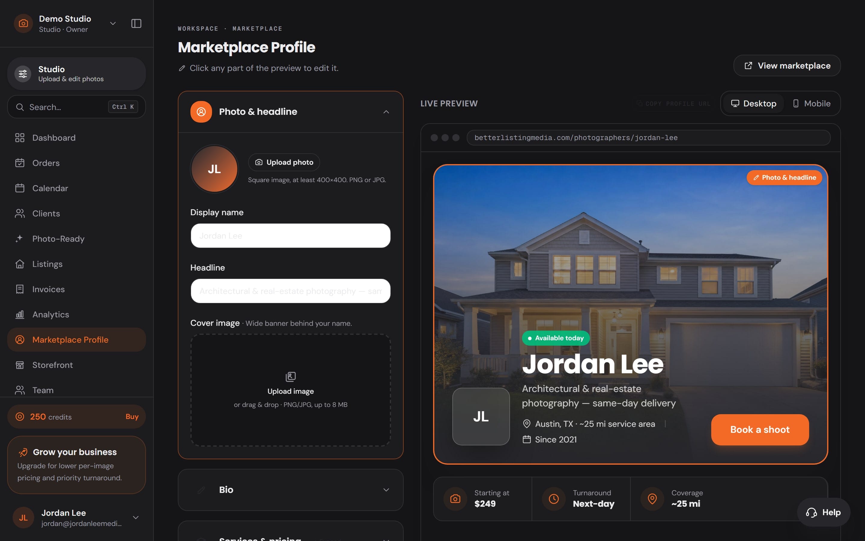 A photographer's marketplace profile