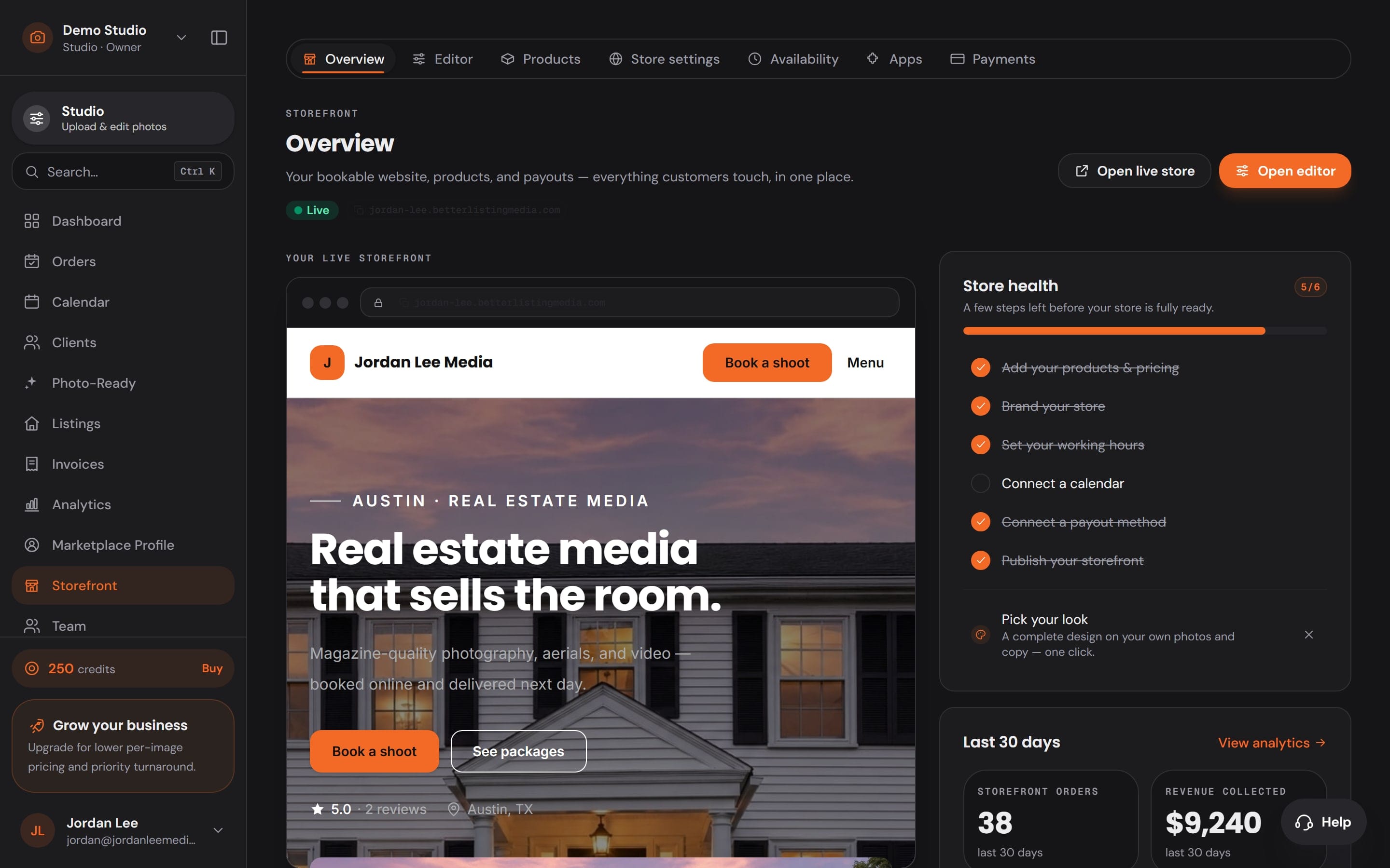 The Workspace storefront: a photographer's live booking site with store health and the last 30 days