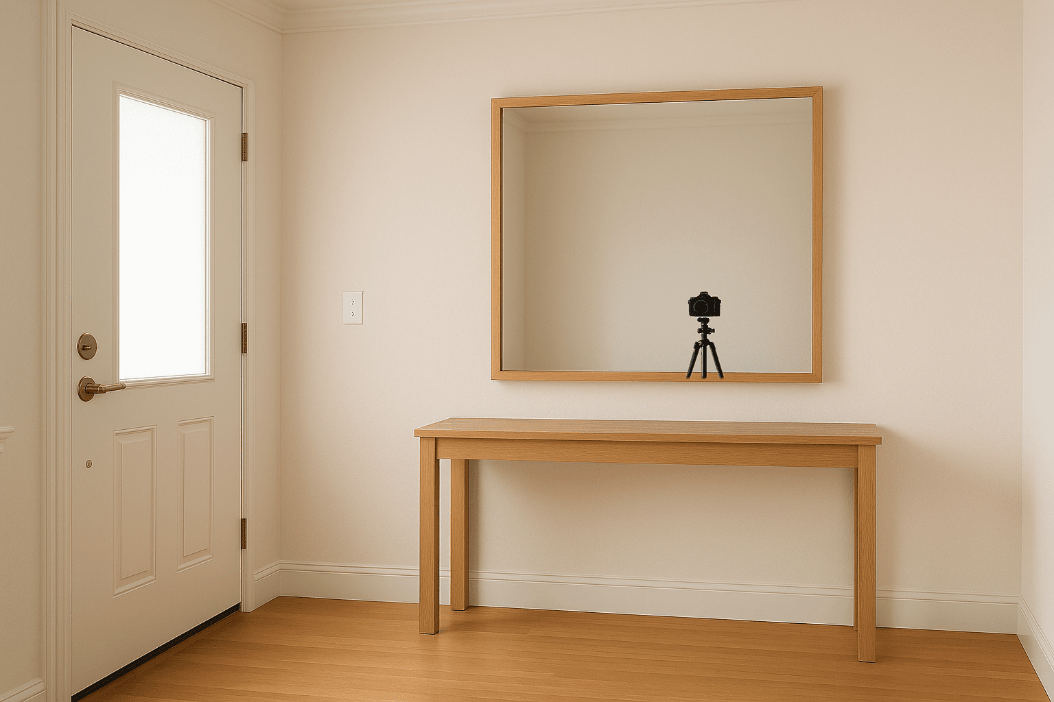 The same entry mirror with the camera and tripod reflected head-on, then erased with the reflection rebuilt — before