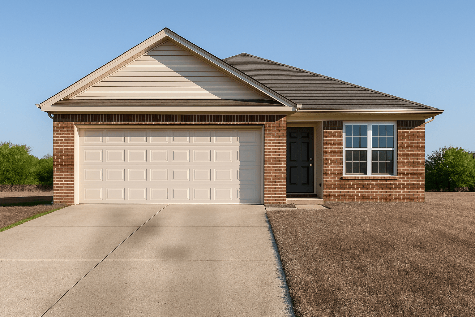 The same front exterior with a dormant lawn and stained driveway, revived to seasonal green and clean concrete — before