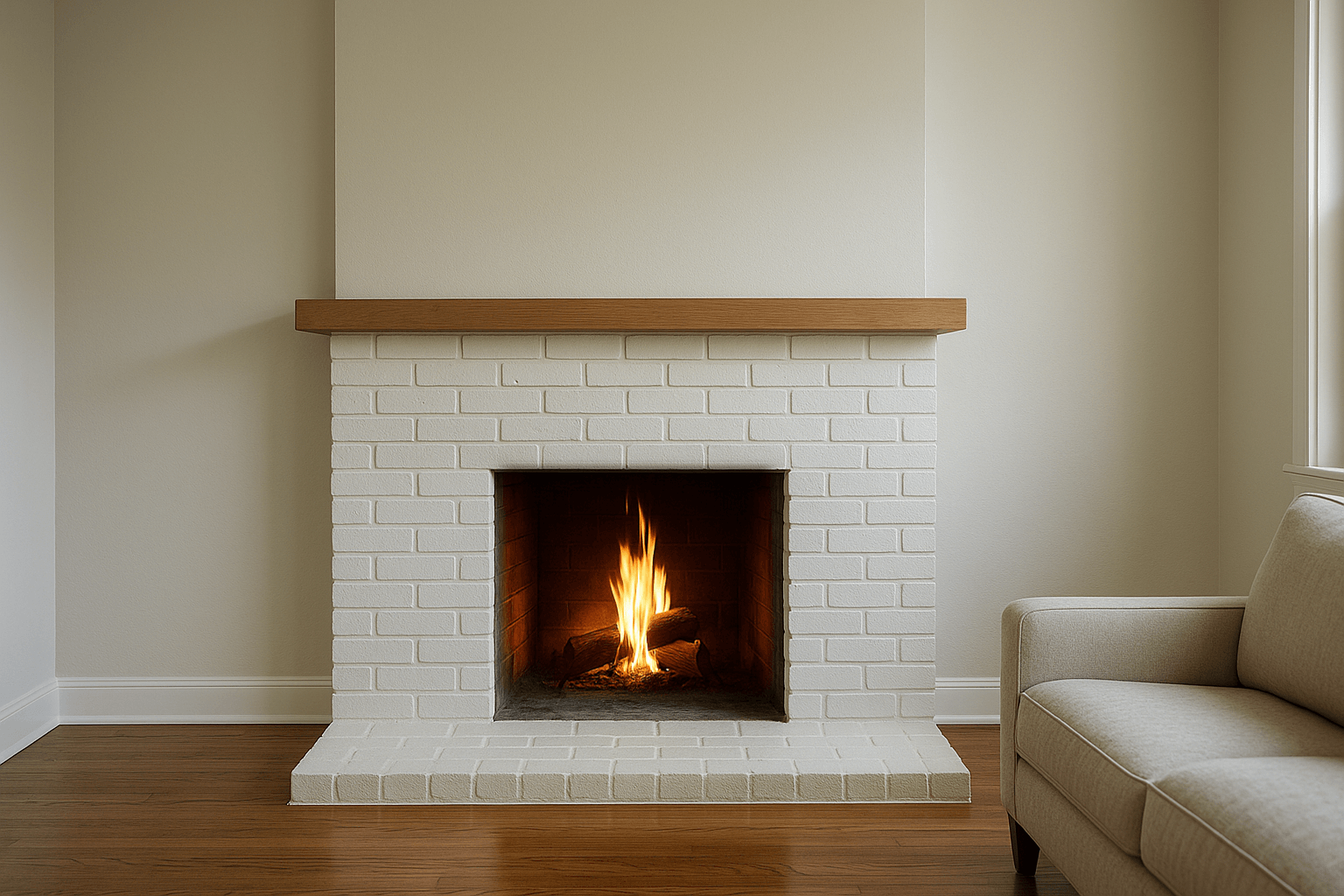 A cold, dark firebox resolving into a realistic lit fire in the same living-room frame