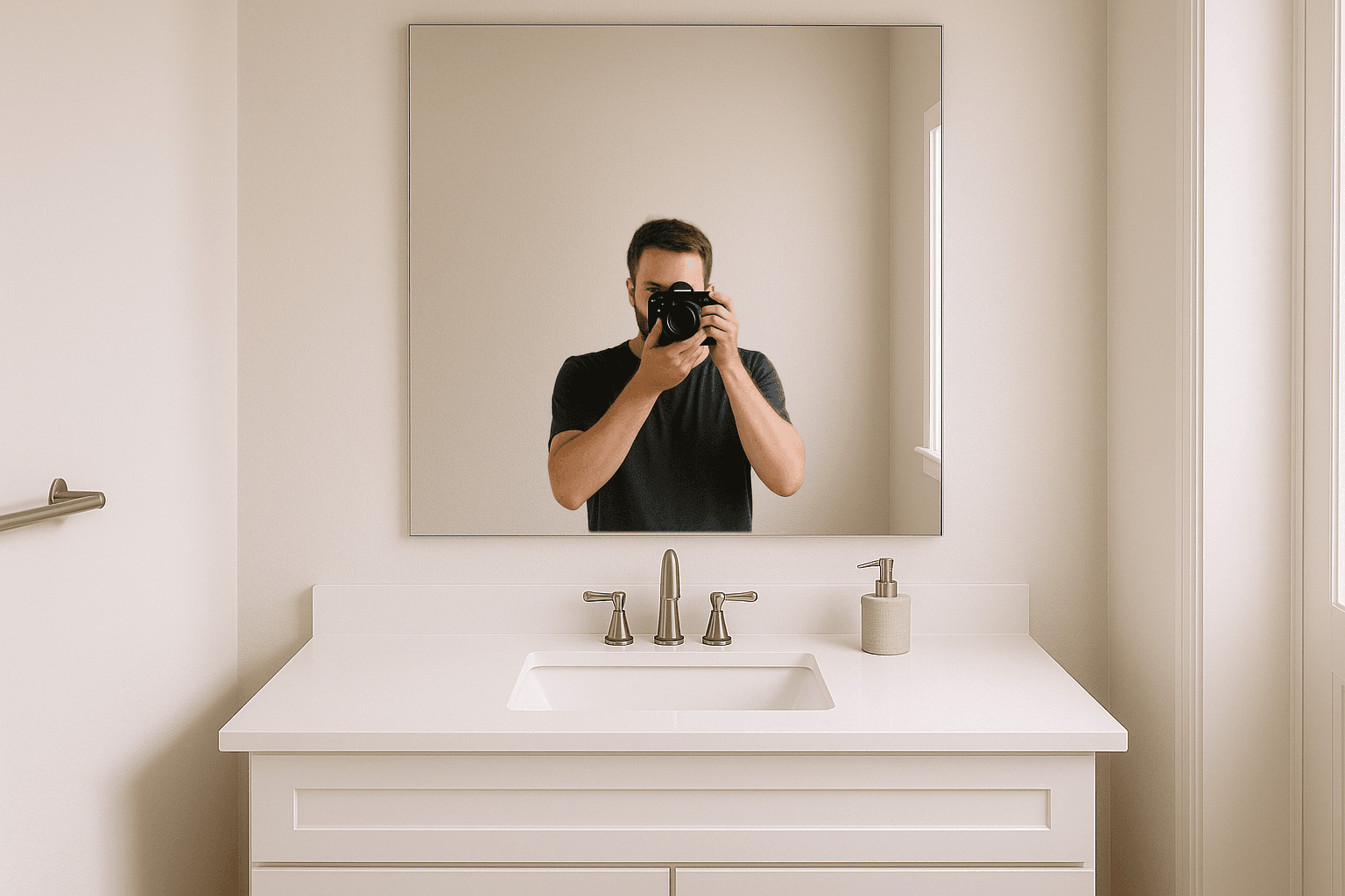 The same bathroom mirror with the photographer reflected, then removed with the wall reflection rebuilt clean — before