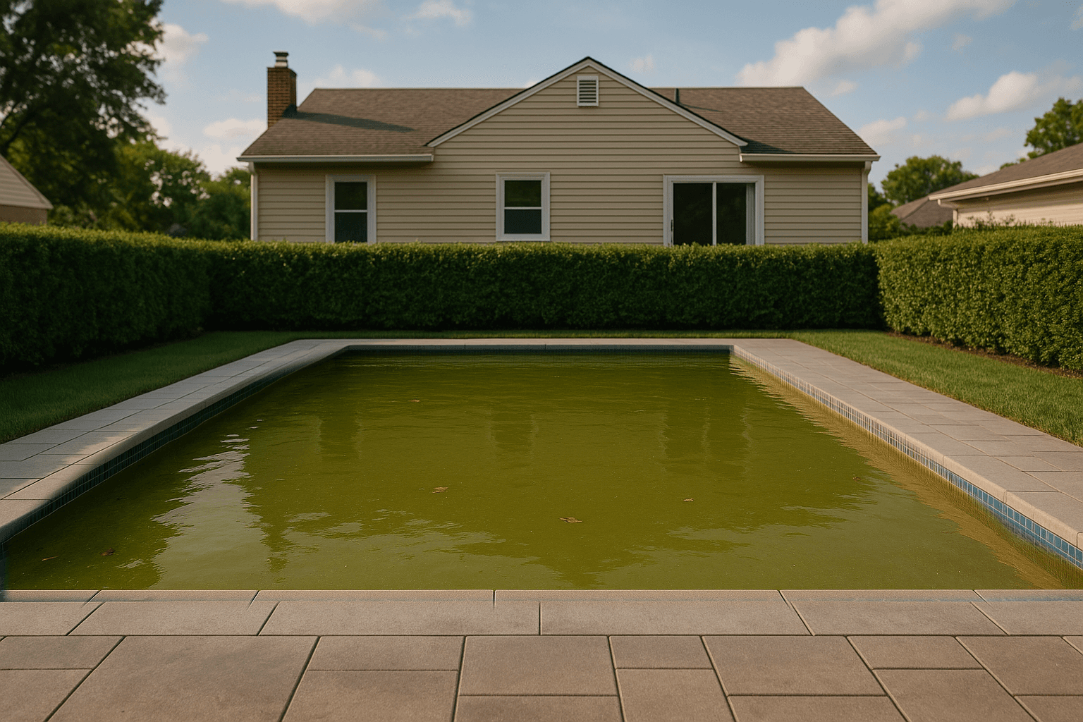 The same backyard pool, murky and neglected, restored to clear maintained blue water — before