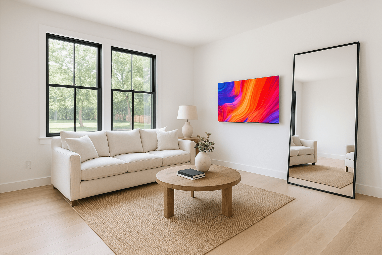 The same living-room frame with the TV playing content, then blacked out to a clean matte face — before