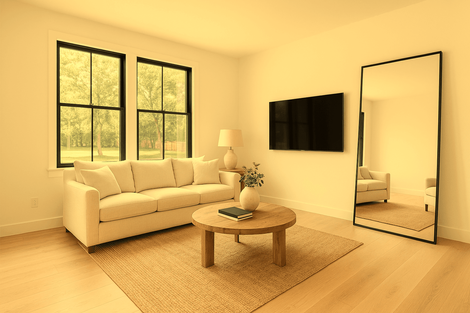 The same living-room frame with a heavy warm color cast, corrected to true-to-life color with a crisp window view — before