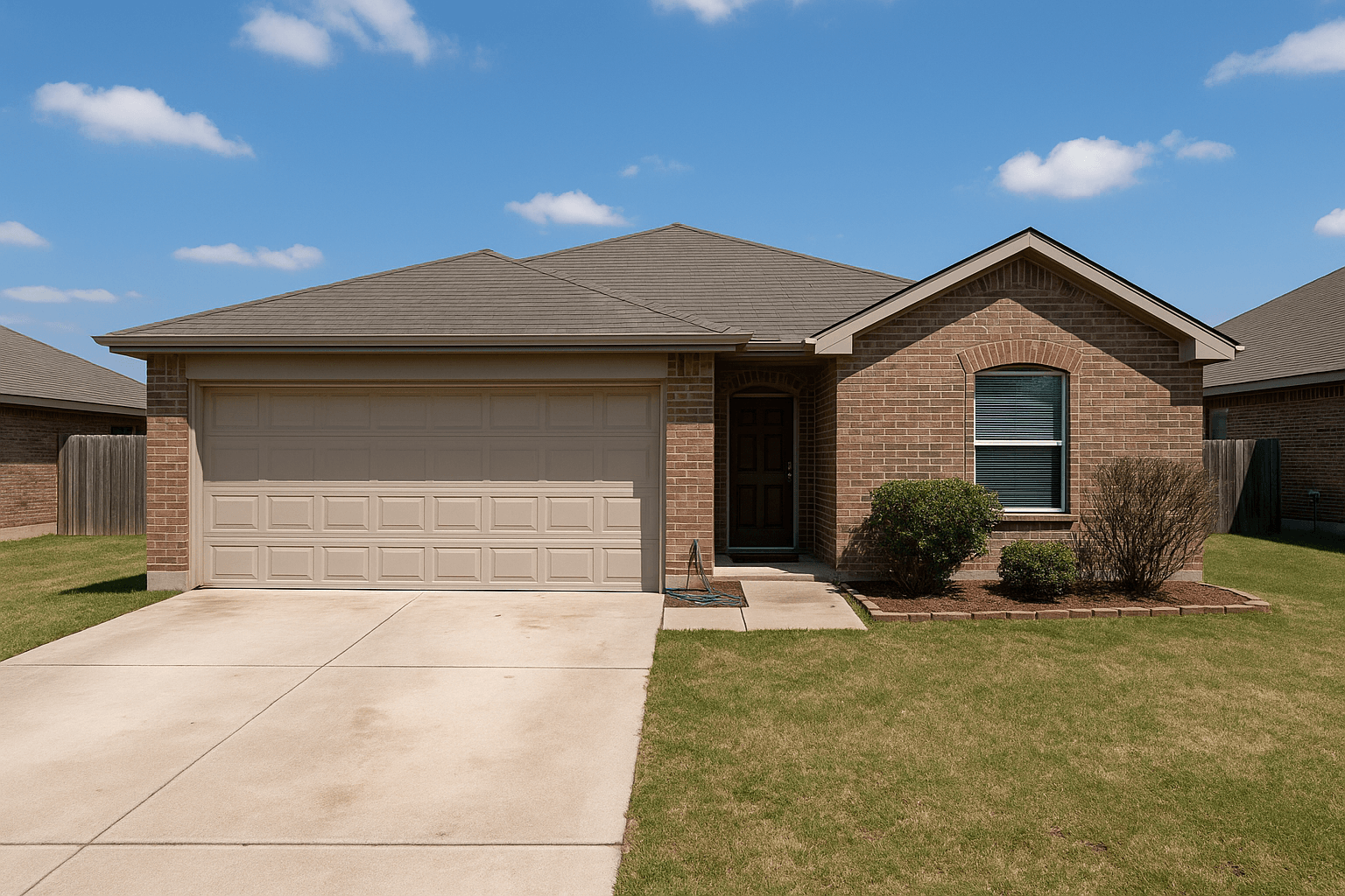 A clean front exterior with nothing parked on the driveway
