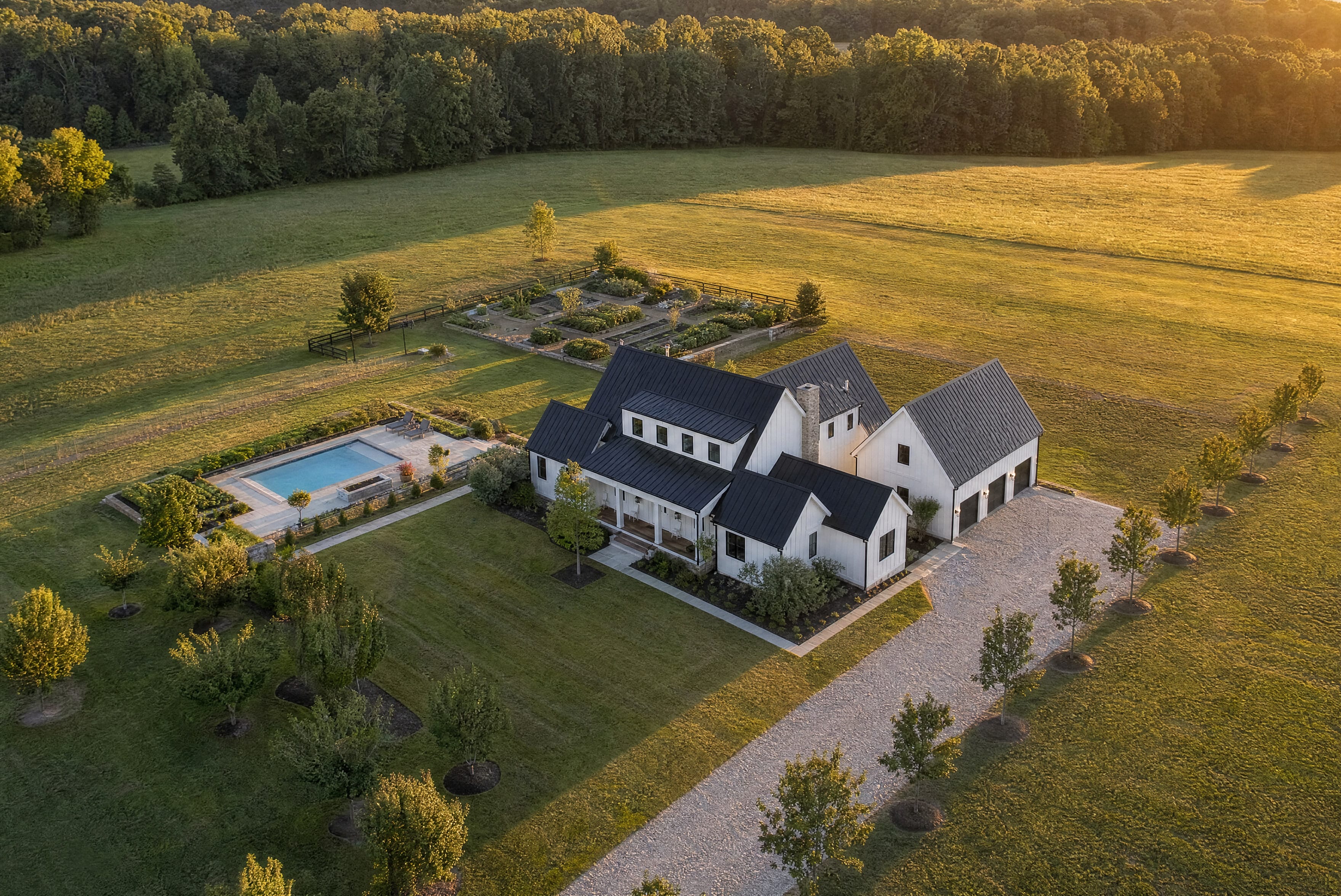 An aerial photograph of a listing at golden hour