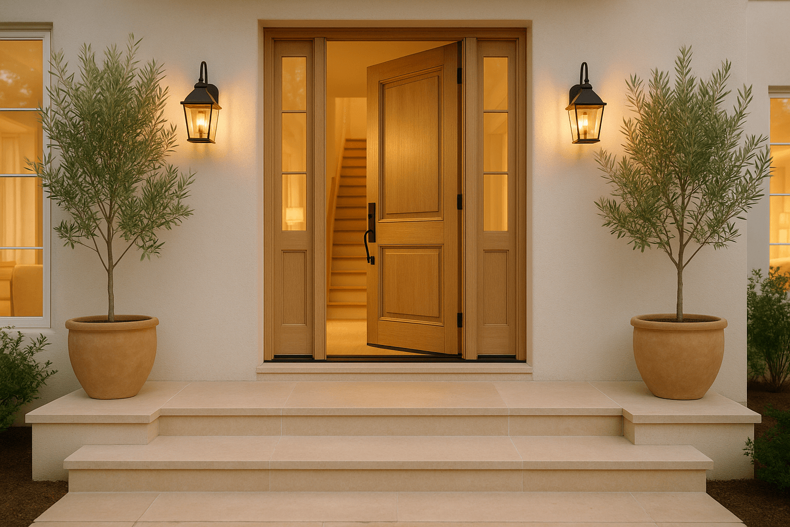 A front door standing open at golden hour, porch lanterns lit — ready to welcome the client you referred