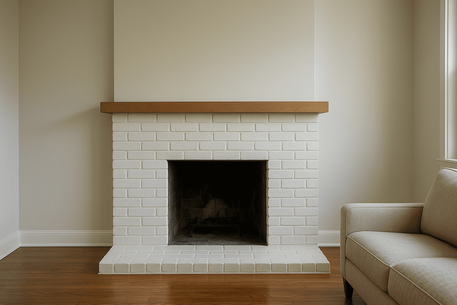 The same living-room frame with a cold, dark firebox, then a realistic fire lit in the hearth — before