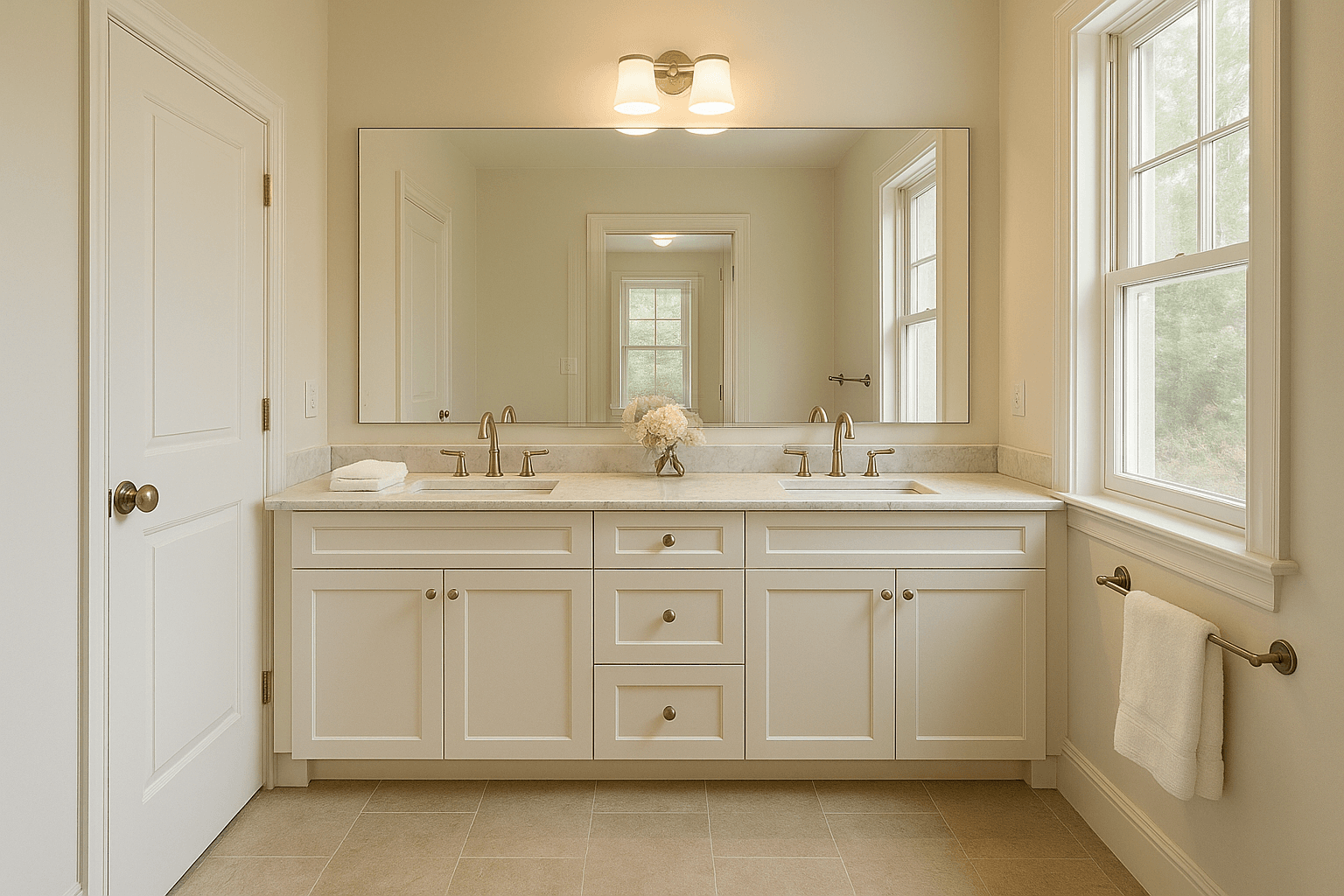 The same bathroom mirror with the photographer reflected, then removed with the wall reflection rebuilt clean — after
