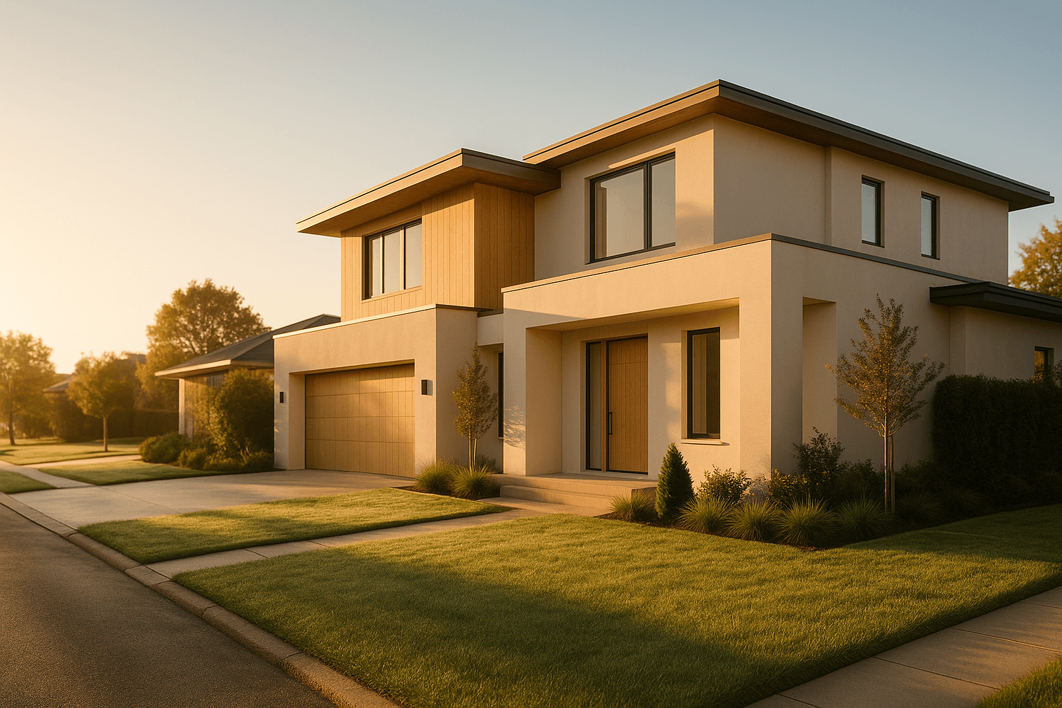 A modern home in warm golden-hour light — the window the calendar schedules exteriors into
