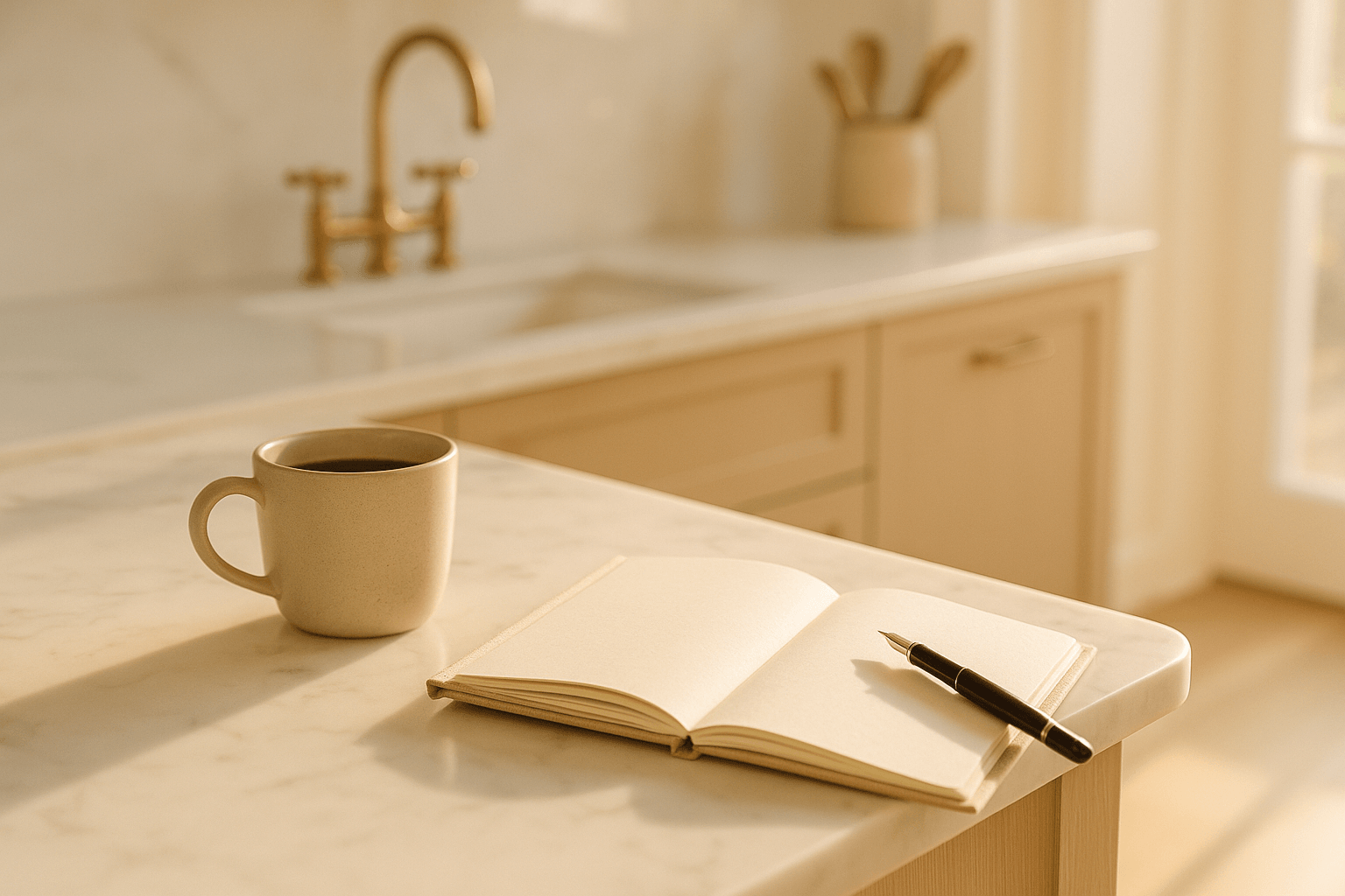 A notebook, fountain pen, and coffee on a sun-lit kitchen counter — a photographer's book of business