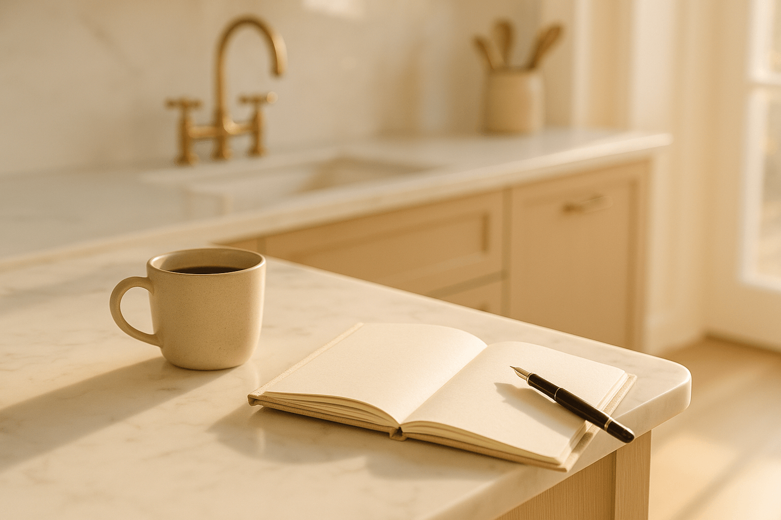 A notebook, fountain pen, and coffee on a sun-lit kitchen counter — a photographer's book of business