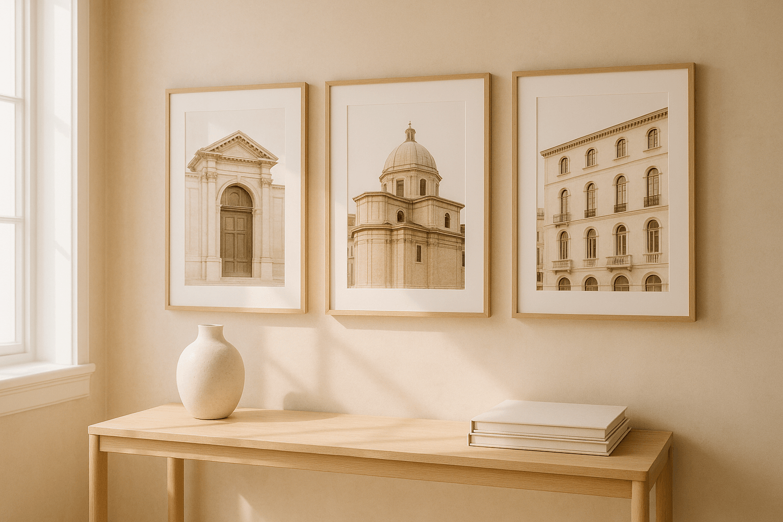 A warm, sun-lit studio wall of framed architectural prints — the storefront a photography business deserves