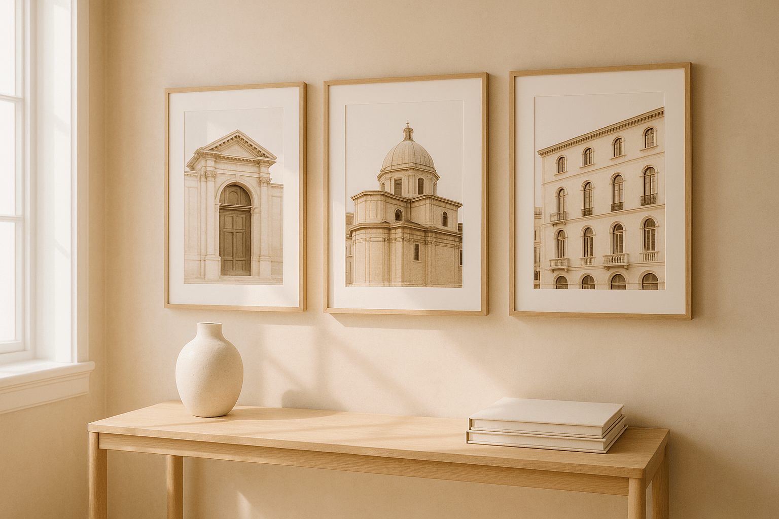 A warm, sun-lit studio wall of framed architectural prints — the storefront a photography business deserves