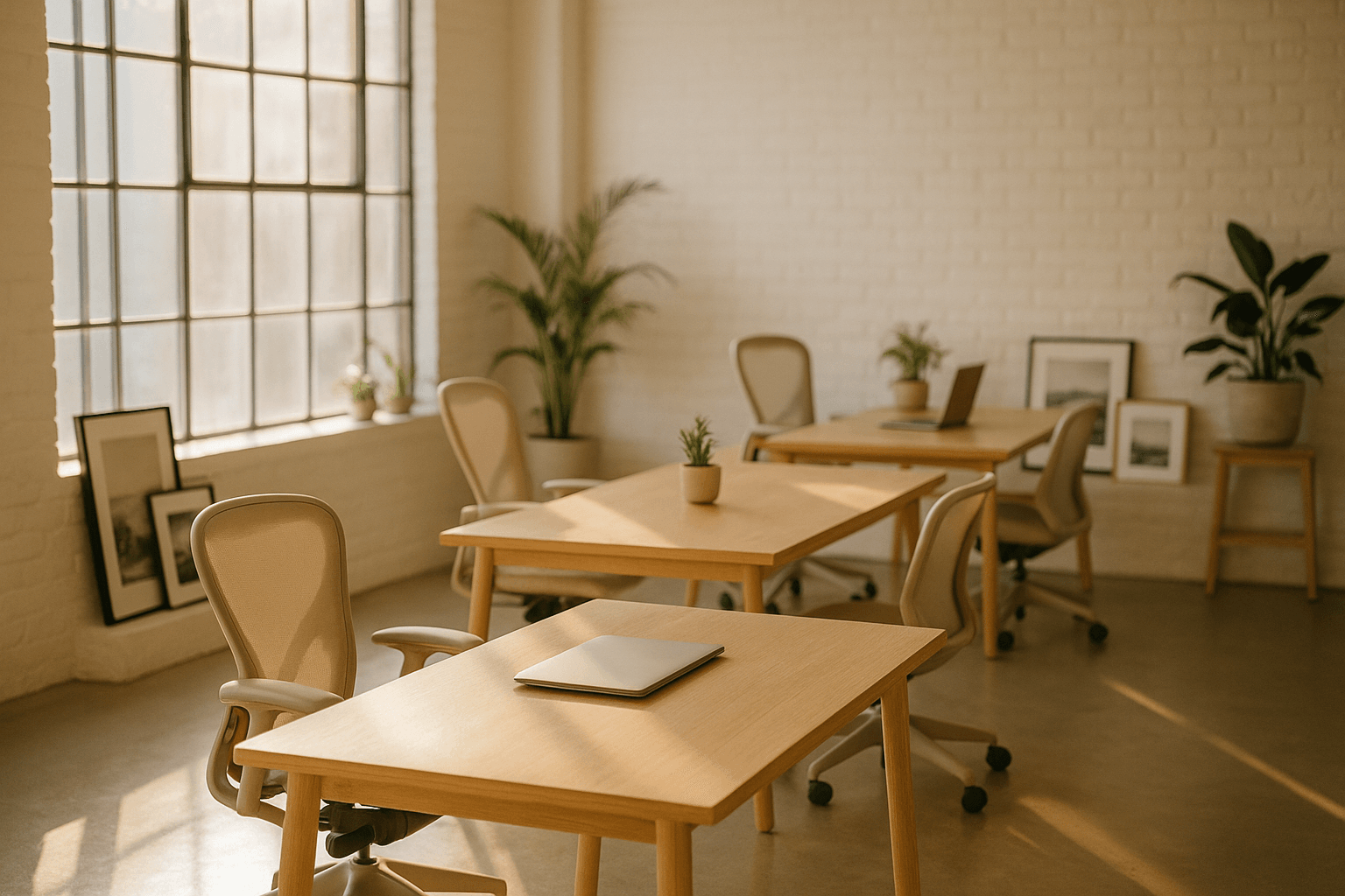 A photography studio's team room in warm morning light — desks ready for the whole crew