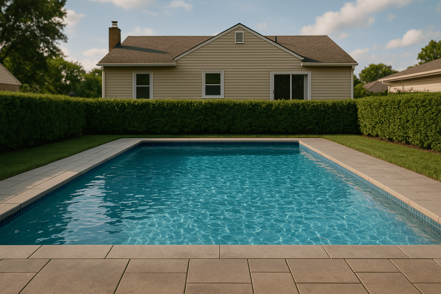 A murky, leaf-strewn pool developing into clear, maintained blue water