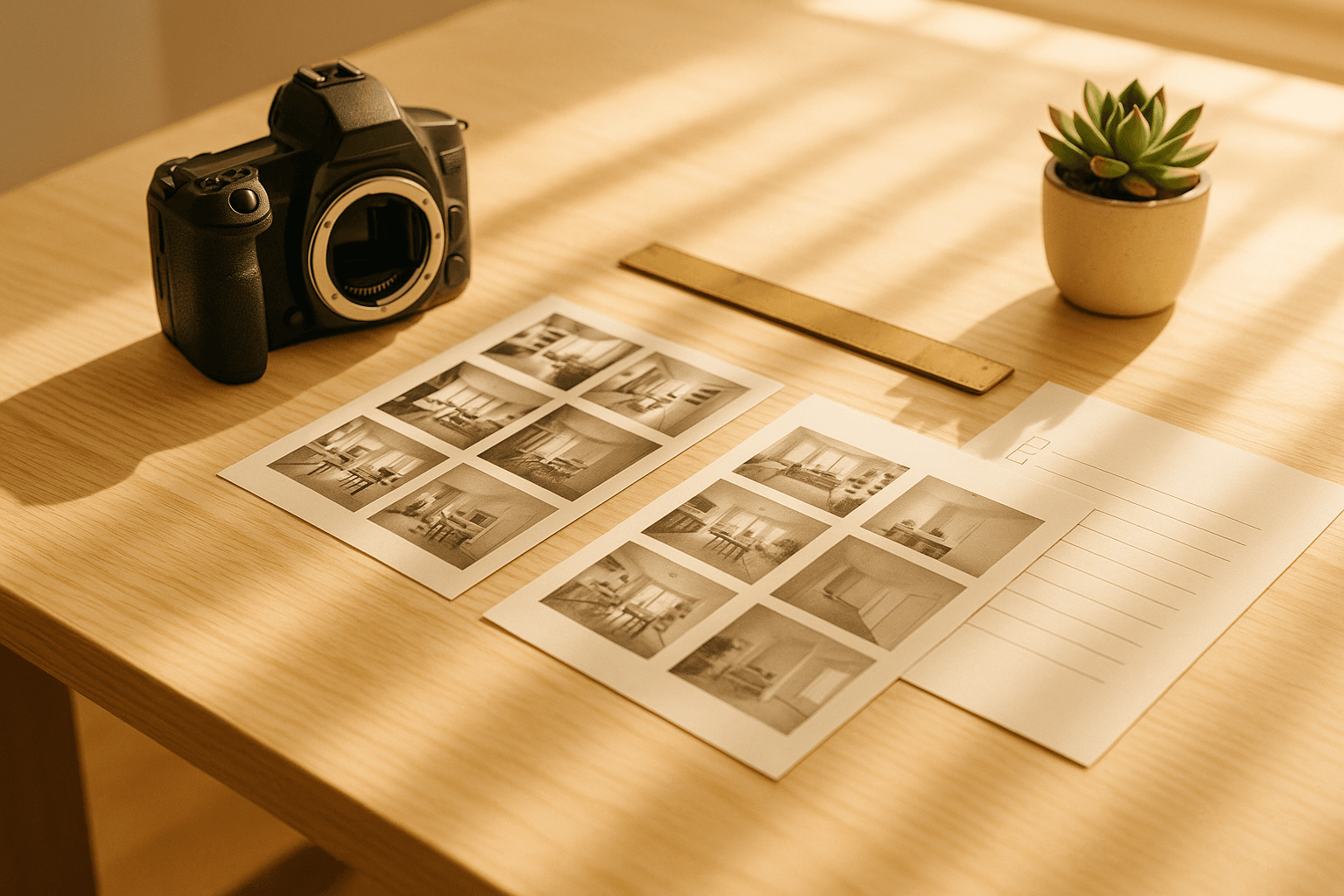 A photographer's desk in warm morning light — camera body, printed shot lists, and contact sheets
