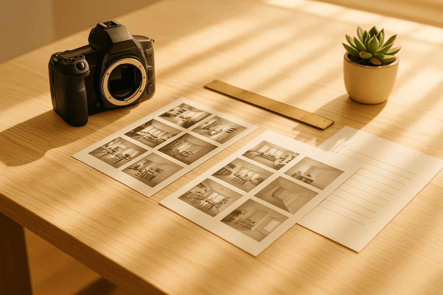 A photographer's desk in warm morning light — camera body, printed shot lists, and contact sheets