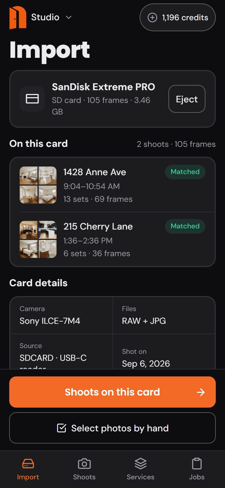 The Import screen of the Studio phone app: an SD card read, two shoots found on it, and the card's details