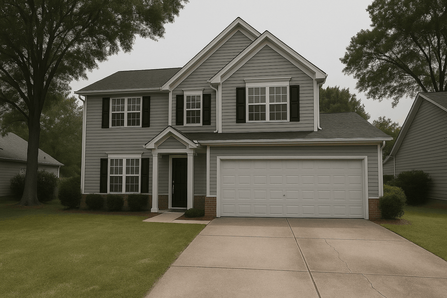 Sky replacement on a home exterior: grey overcast swapped for clean blue in the same frame, the light matched — before