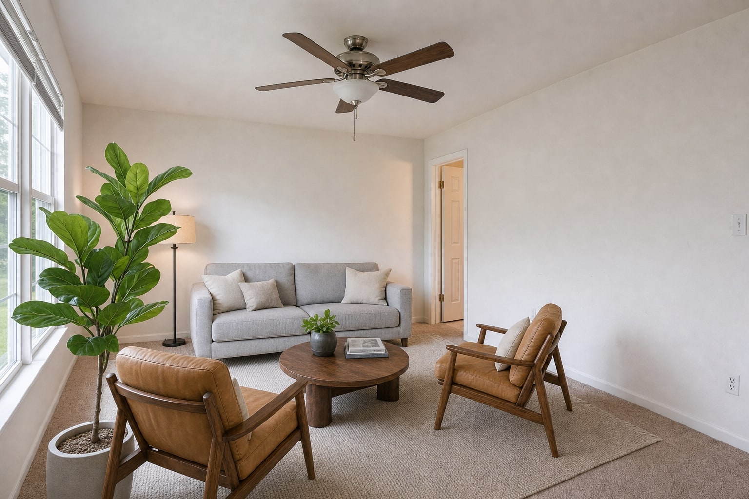 Camera two: the same living room and the same furniture, shot from beside the window toward the doorway