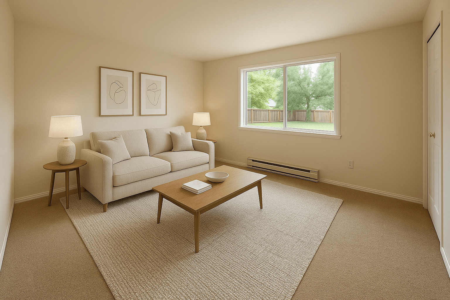 Virtual staging of an empty living room, third camera angle — after